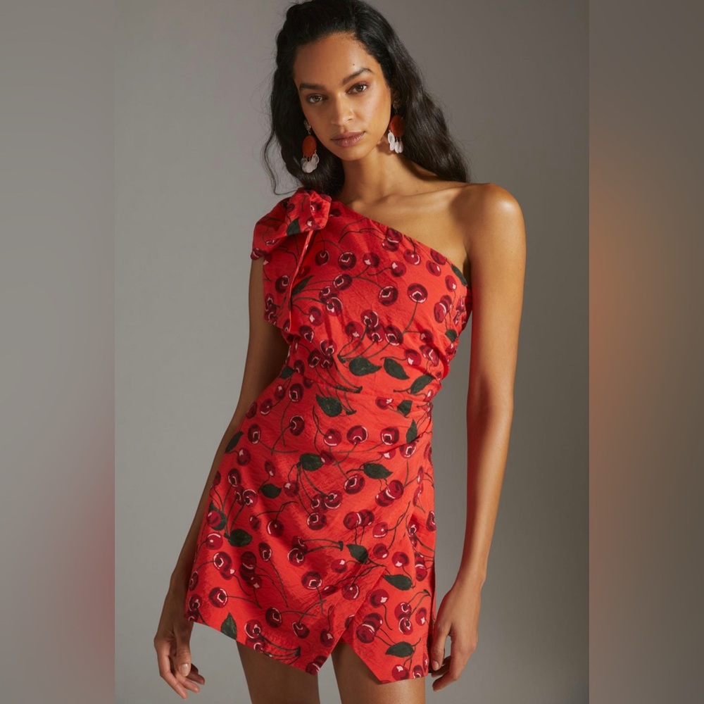 Maeve Red Cherry Print One Shoulder Dress
